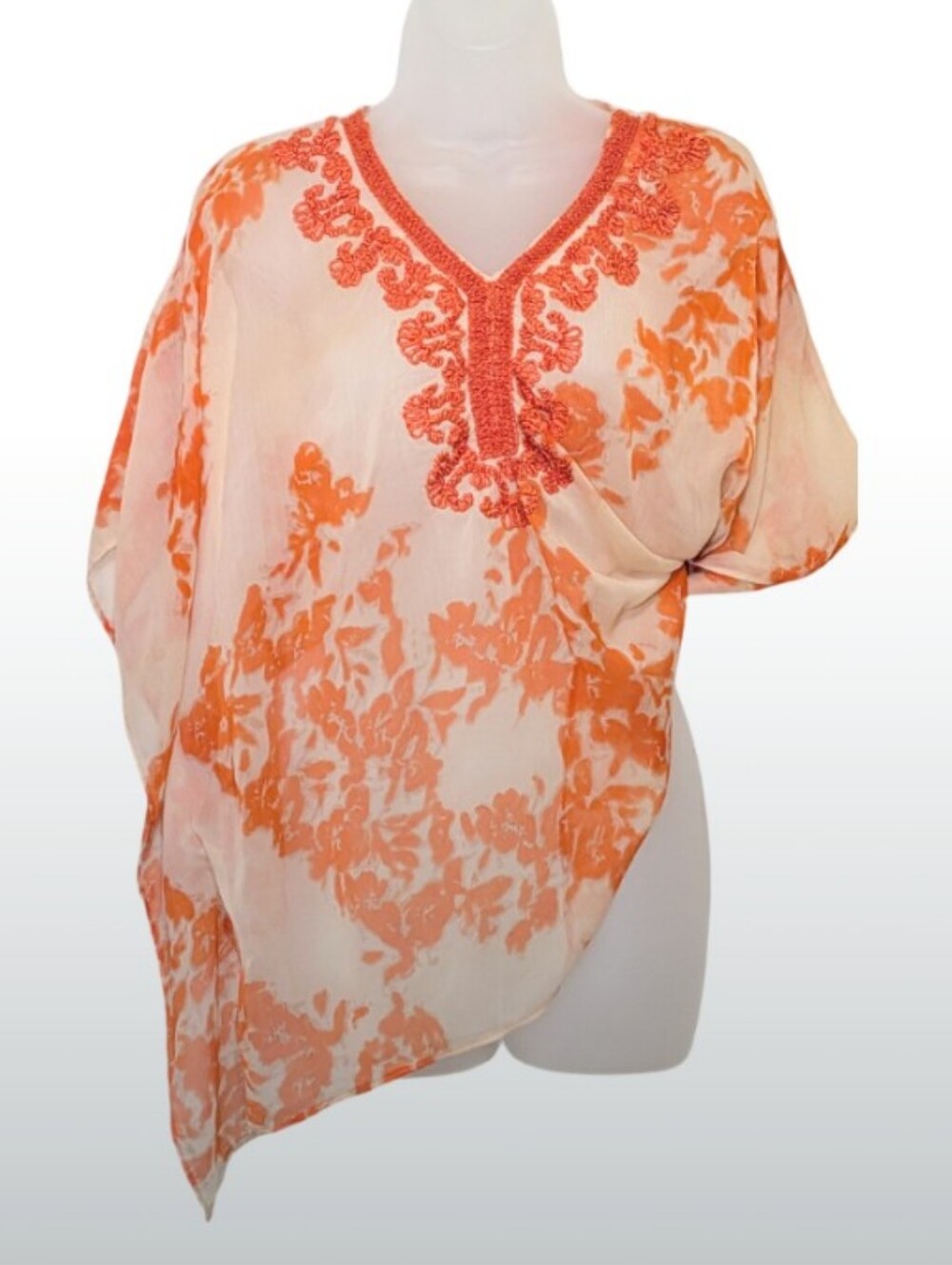 Chico's | Cream & Orange Embroidered Poncho | Floral | Bohemian | Shabby Chic